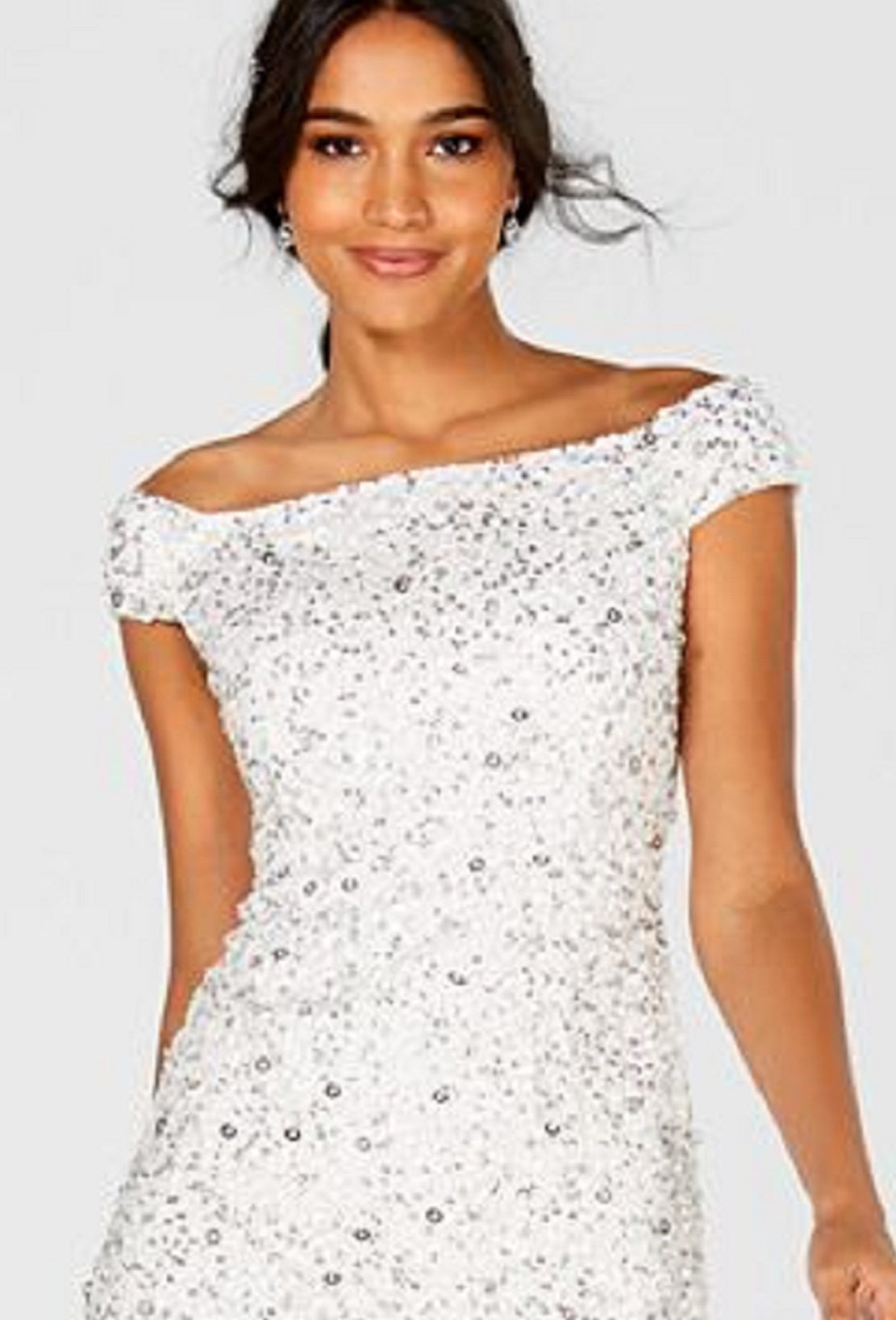 Vestido de coquetel feminino Adrianna Papell com decote ombro a ombro e miçangas, branco, tamanho 4