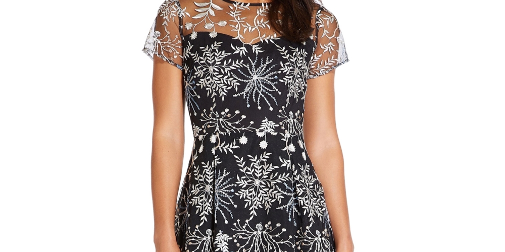 Vestido feminino Adrianna Papell com decote ilusão bordado, azul, tamanho 14