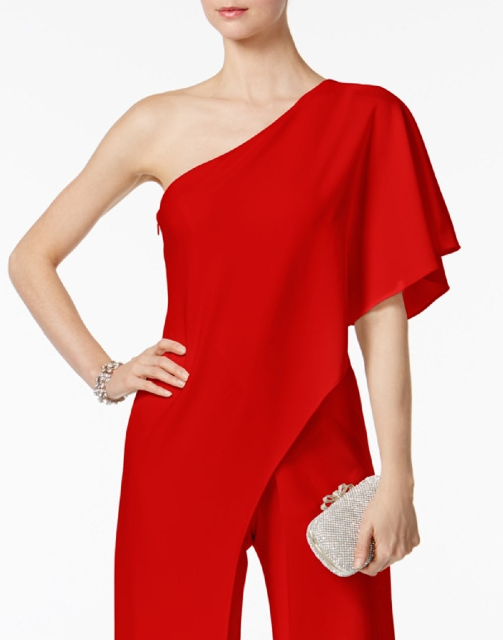 Macacão feminino Adrianna Papell com um ombro só, vermelho, tamanho 10