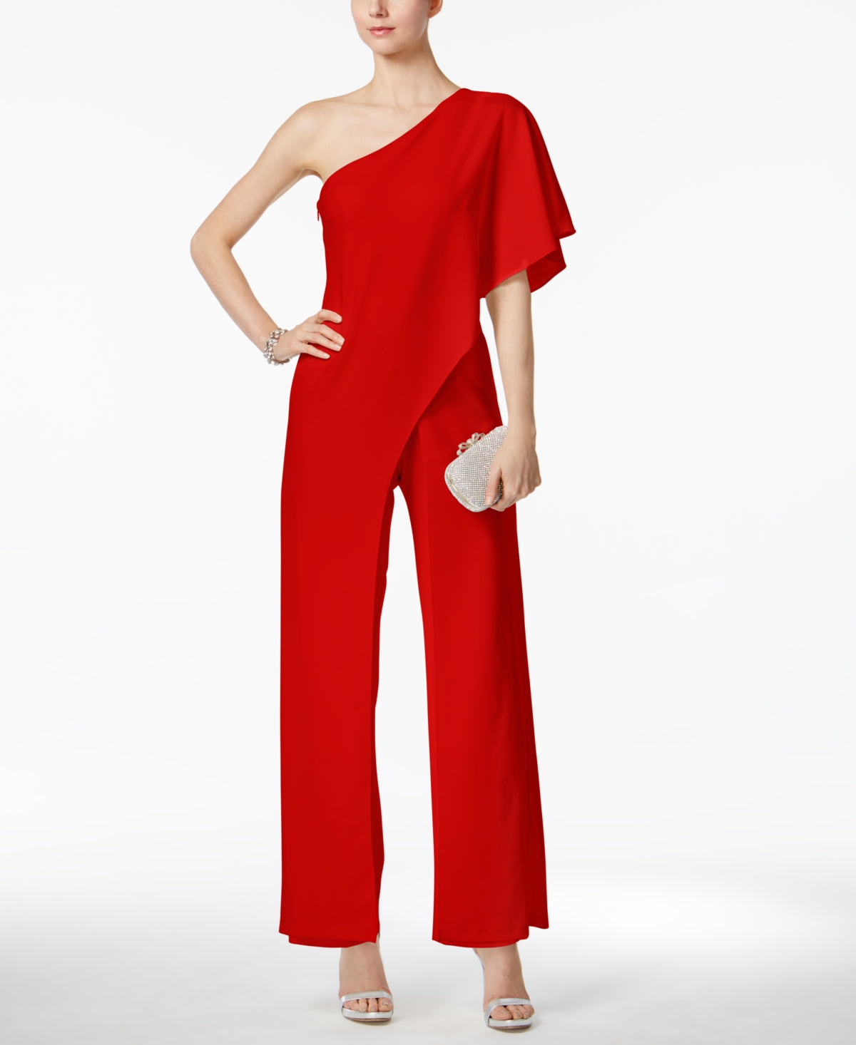 Macacão feminino Adrianna Papell com um ombro só, vermelho, tamanho 10