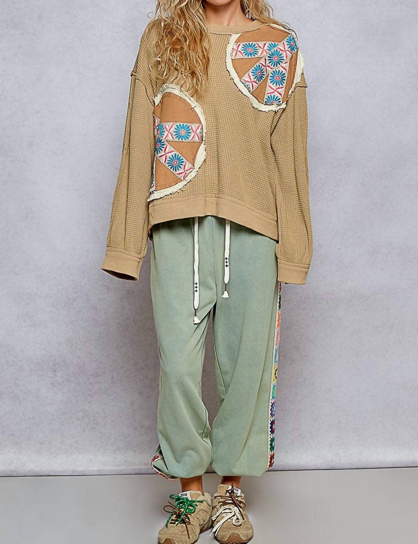 Pol - Waffle Knit Embroidered Patch Work Pullover