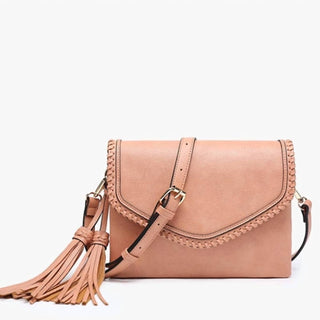 Jen &amp; Co. - Bolsa transversal feminina com aba coral, ponto de chicote e borla