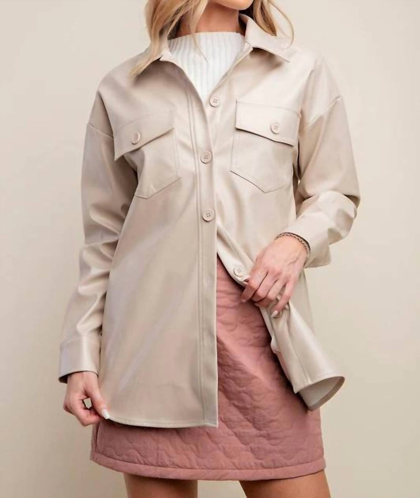 Edit By Nine - Faux Leather Oversized Button Down Shacket