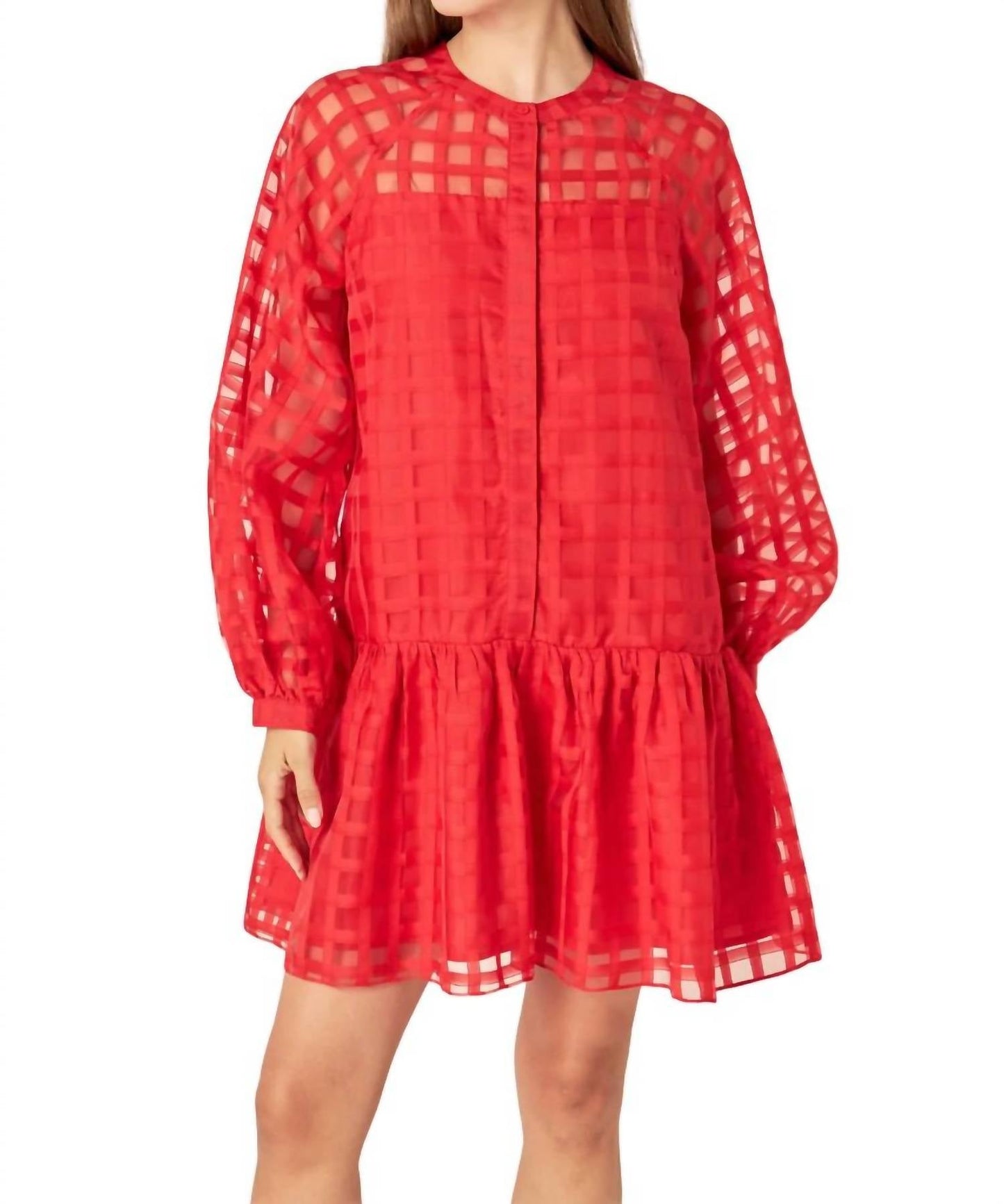 2.7 August Apparel - CHECK ORGANZA BUTTONED LONG SLEEVE MINI DRESS