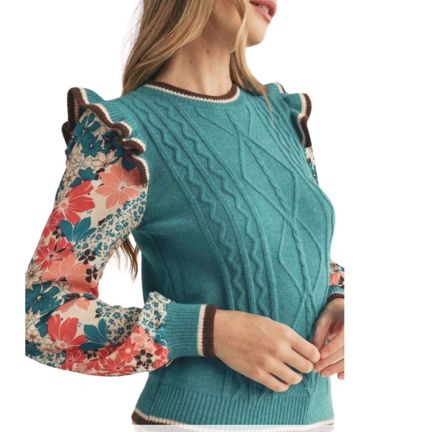 &Merci - Knit Sweater With Woven Floral Sleeves