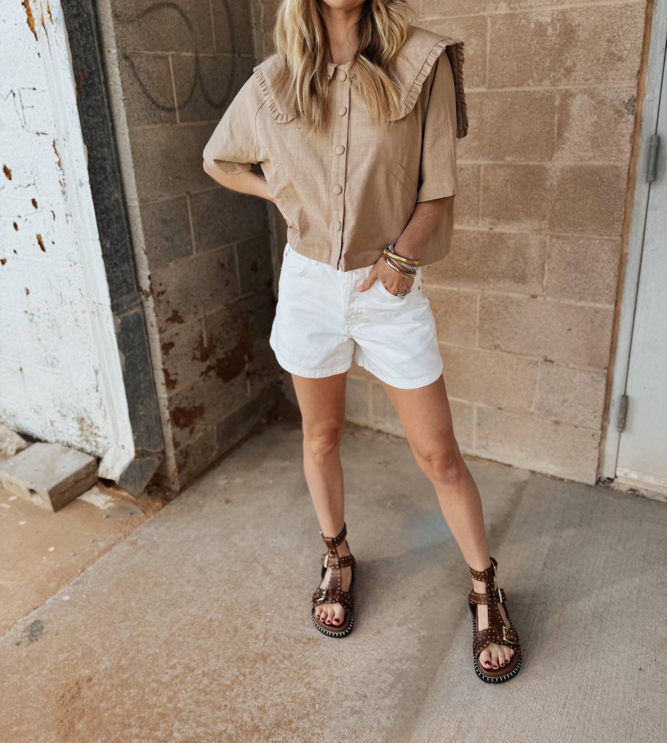 Miou Muse - Linen Collared Short Sleeve Shirt