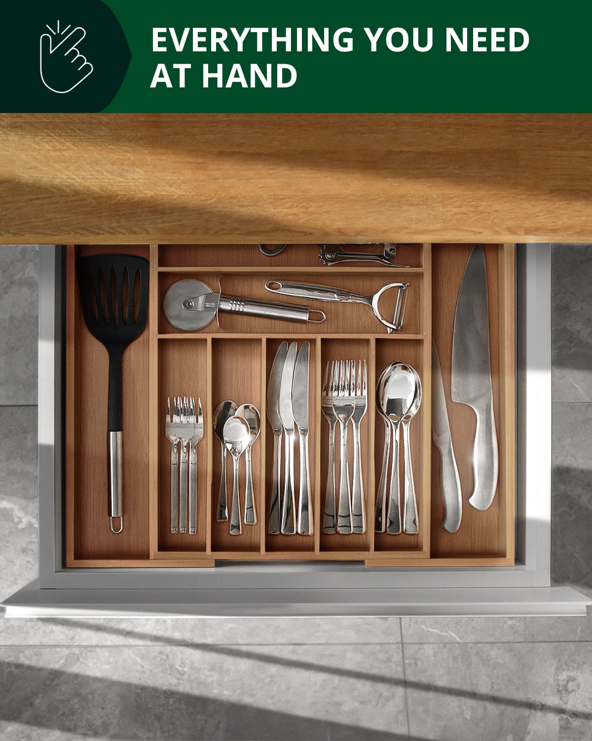 Silverware Drawer Organizer, Brown Bamboo (9 Slots)