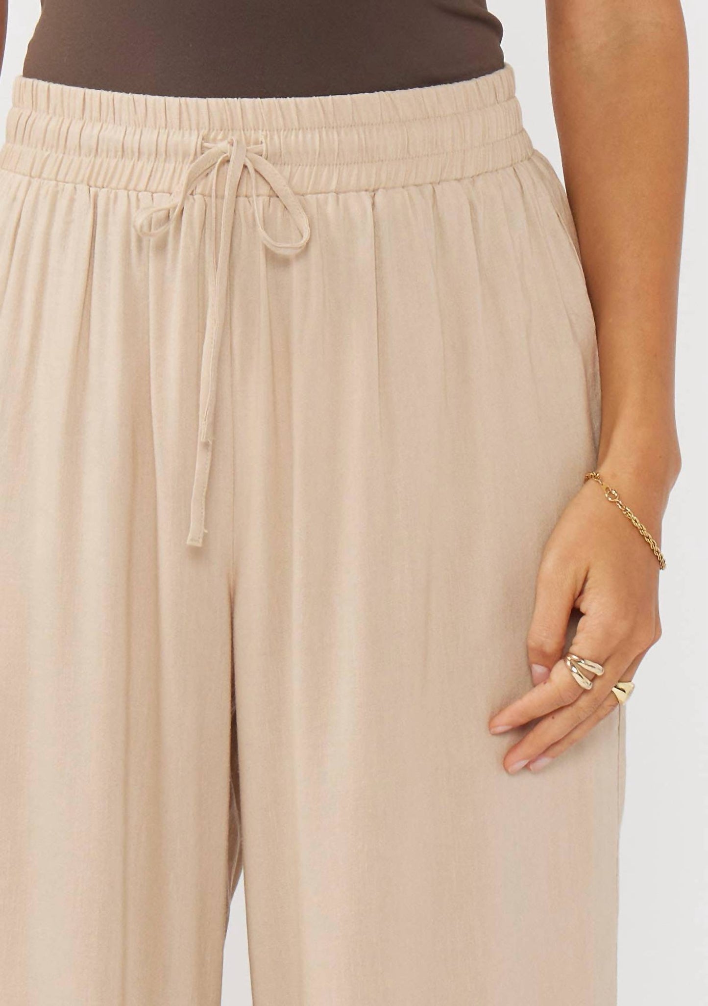 Lovestitch - Ruffled Waist Washed Linen Cotton Wide-leg Pants