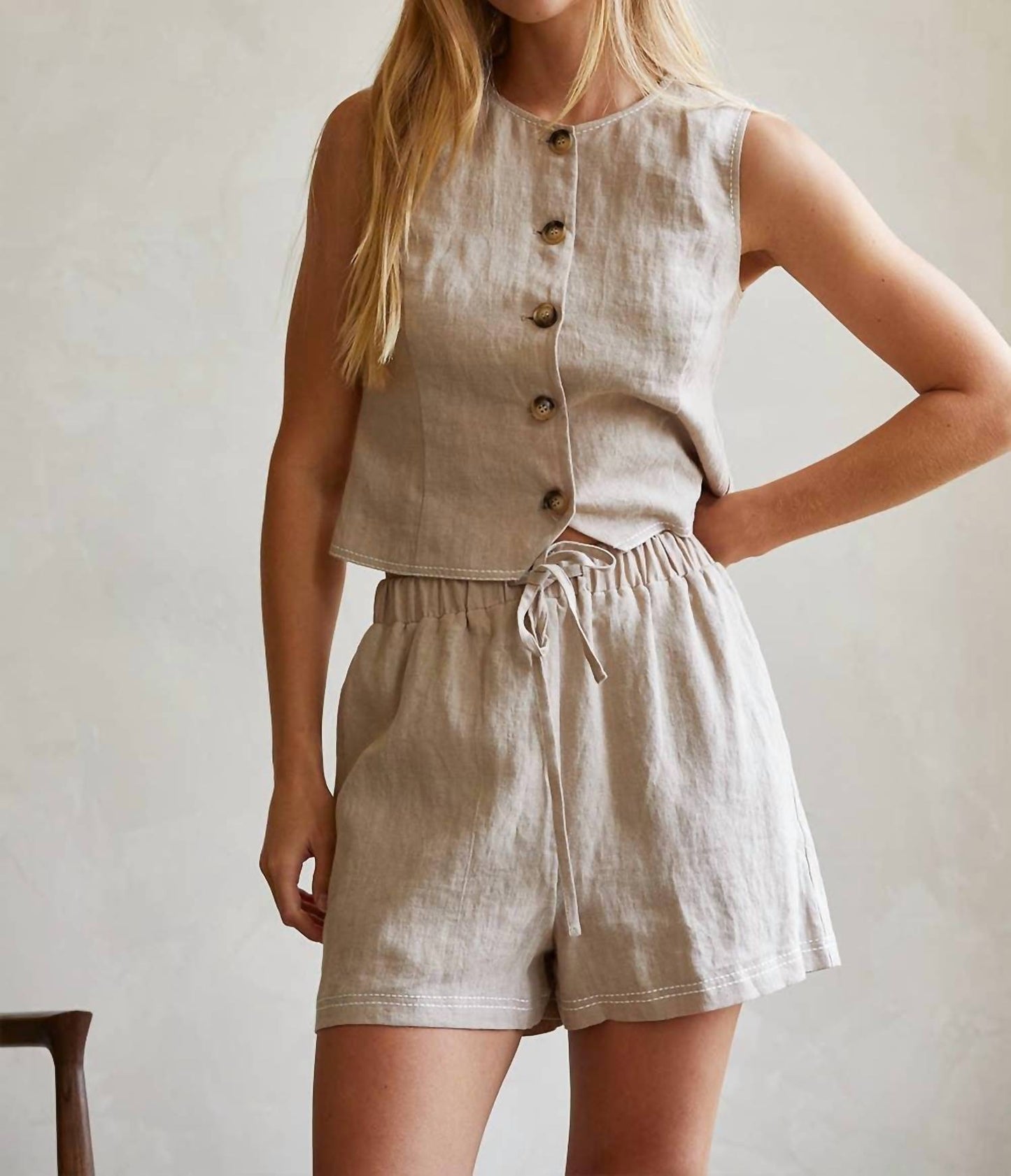 Crescent - Donnie Contrast Embroidery Linen Shorts