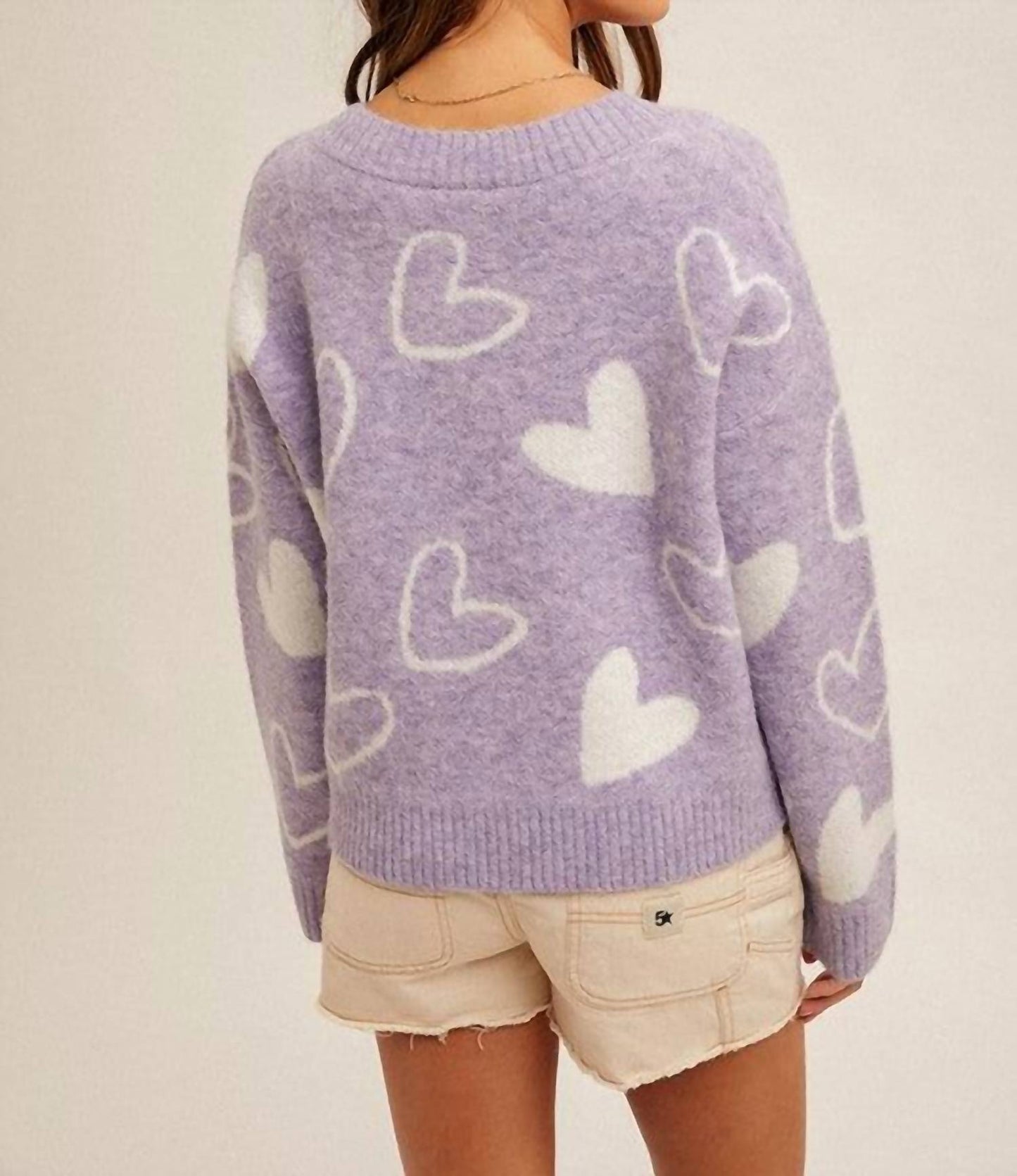 Hem & Thread - HEART V-NECK SWEATER TOP in Lavender