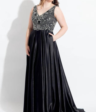 Rachel Allan - Beaded Stretch Satin Flowy Prom Gown