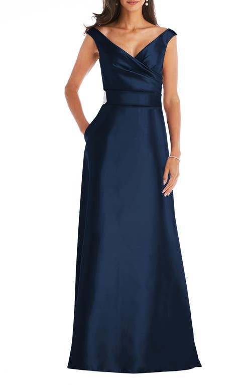 Alfred Sung Off the Shoulder Satin Gown in Midnight, Size 12