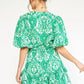 Entro - Francesca Green Ornate Print Puff Sleeves Ruffle Dress
