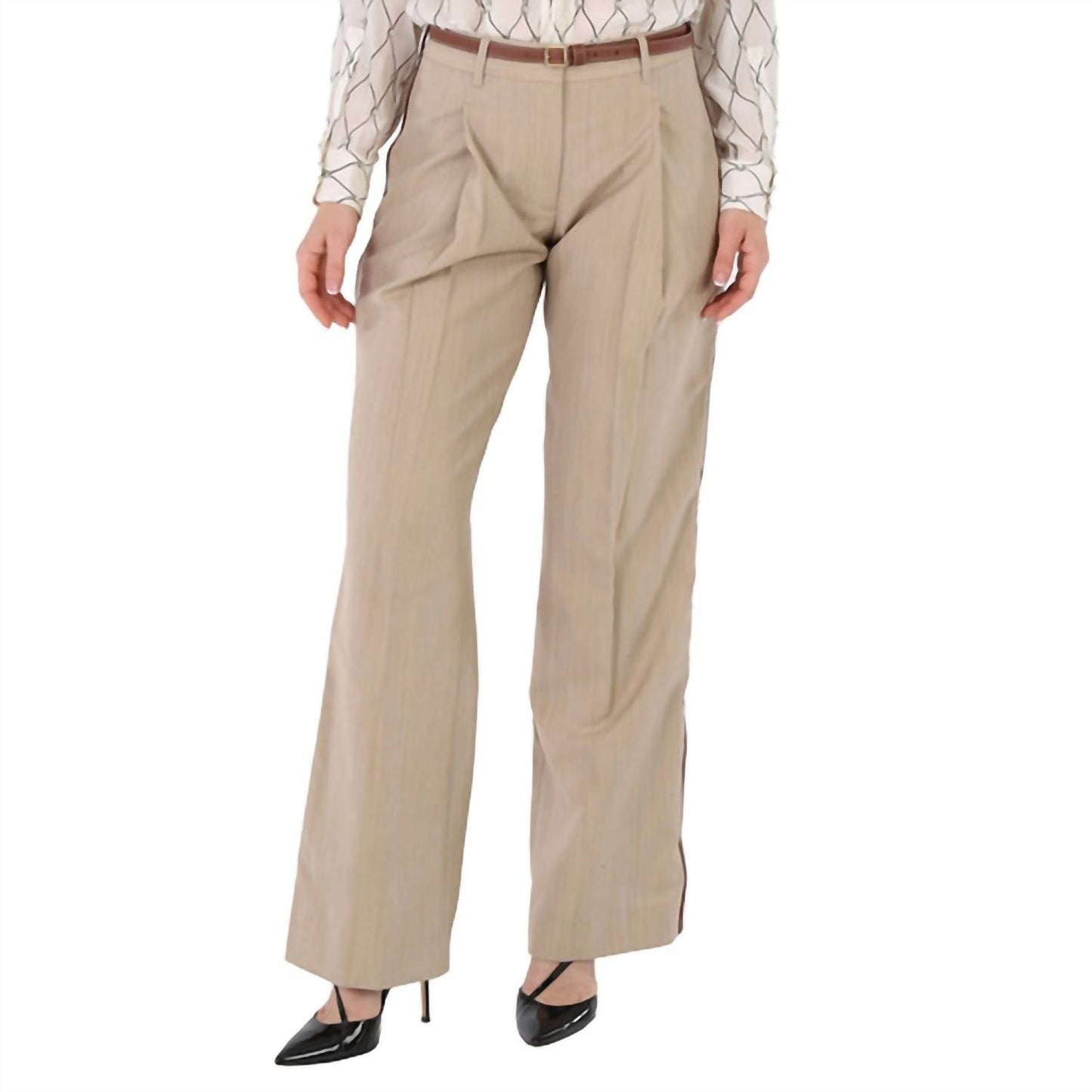 Burberry - Women's Wool Leather Striped Trousers