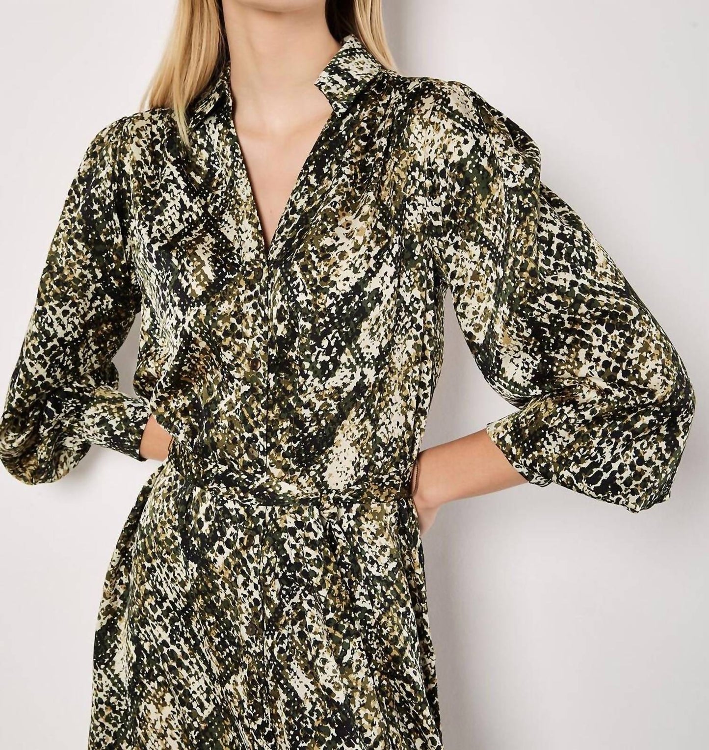 Apricot - Snakeskin Print Satin Shirt Midi Dress