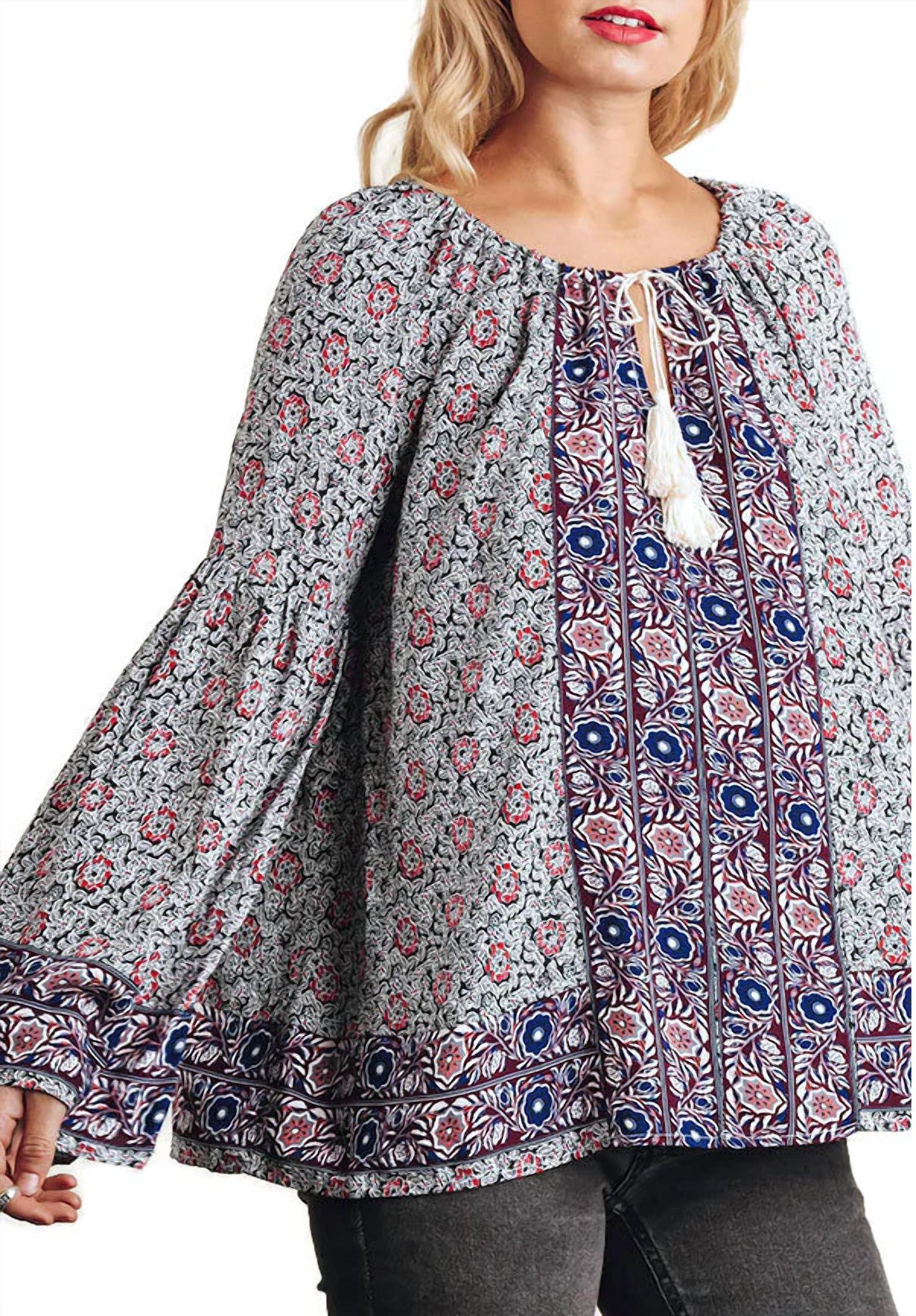 Umgee - Floral Tassel Tie Peasant Top
