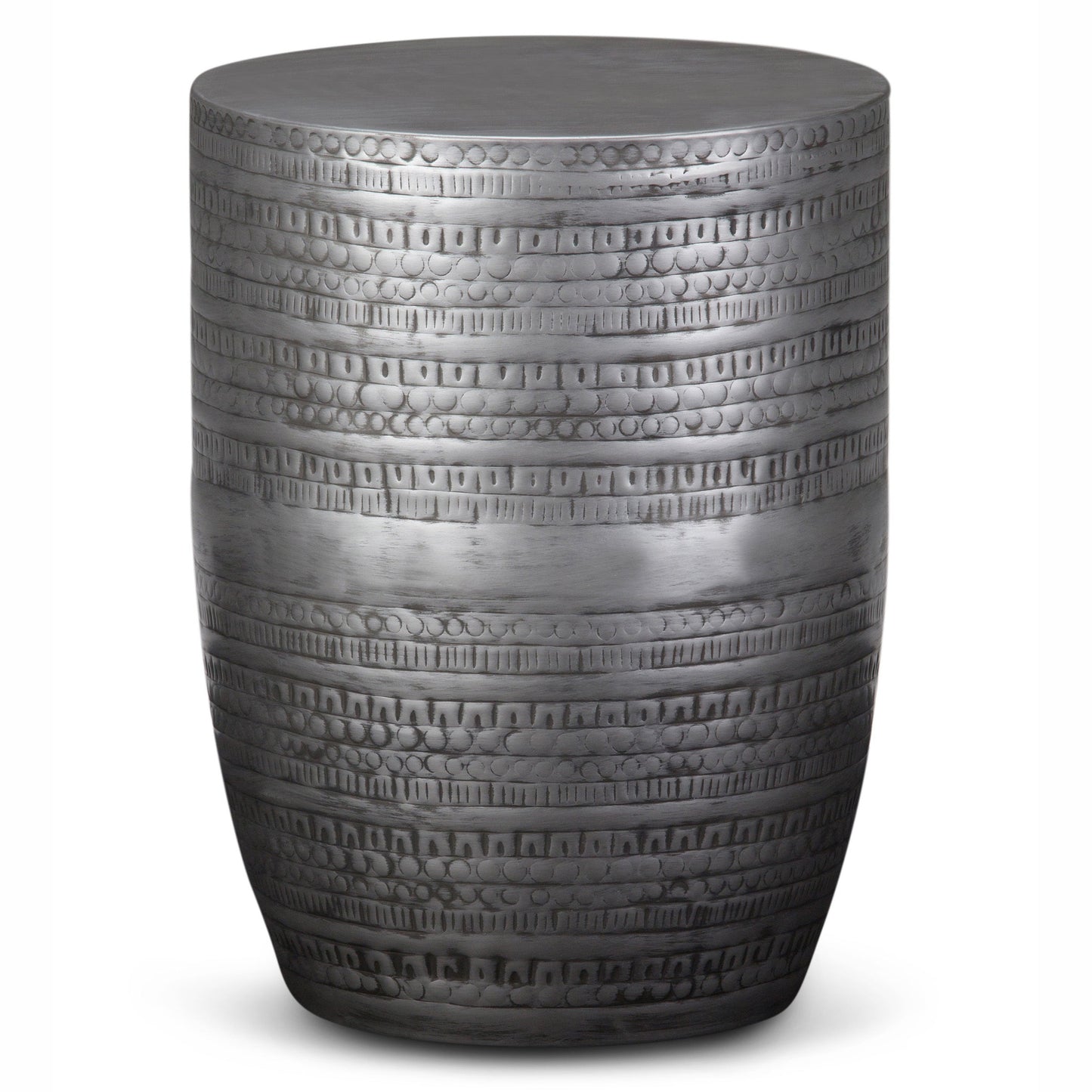 Johnsen 15 Inch Wide Tribal Pattern Metal Accent Table in Antique Silver