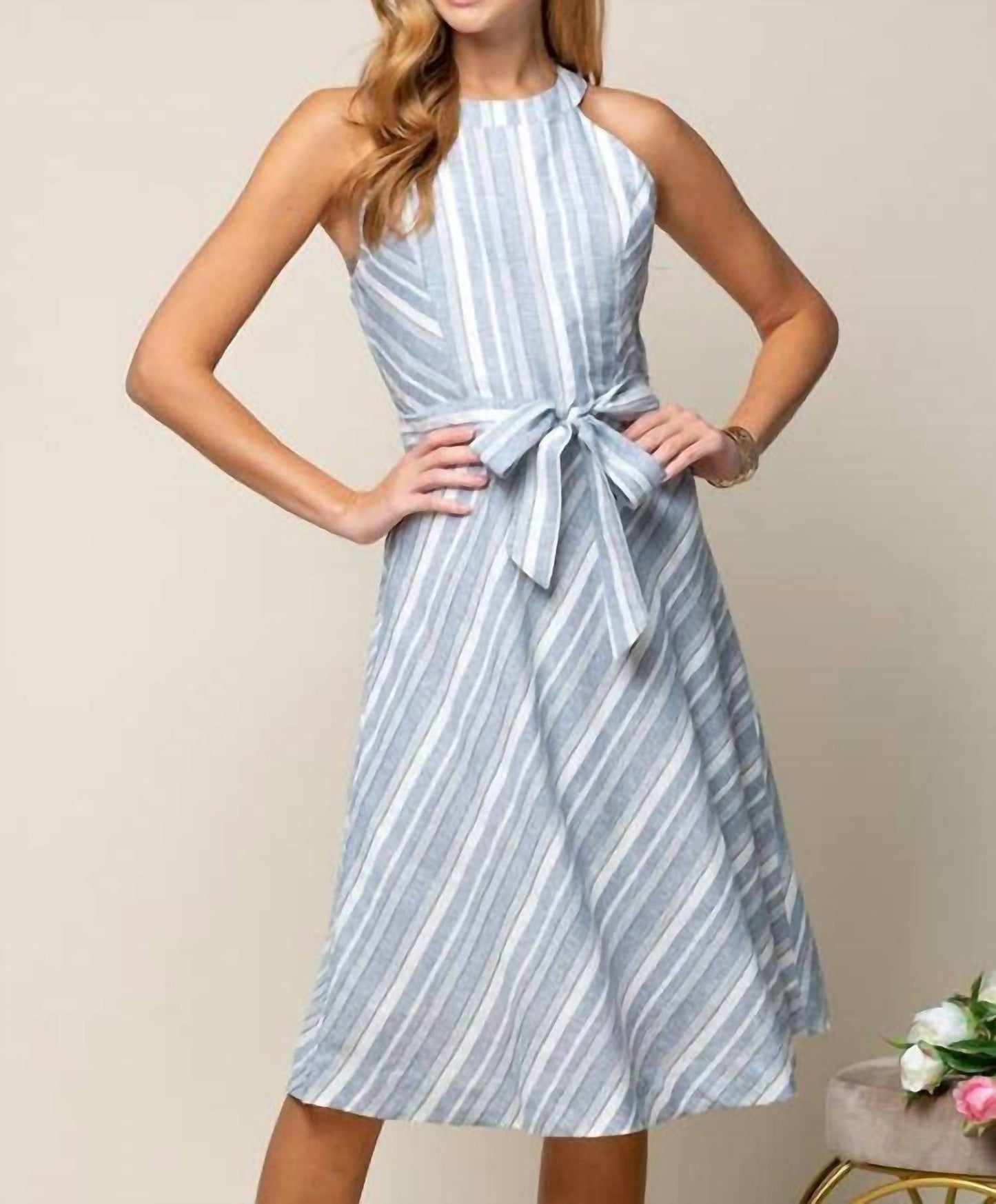 Doe And Rae - Halter Neck Multiple Stripe Midi Dress