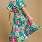 Trendsi - Umgee Full Size Tiered Floral Print Notched Puff Sleeve Midi Dress Plus Size