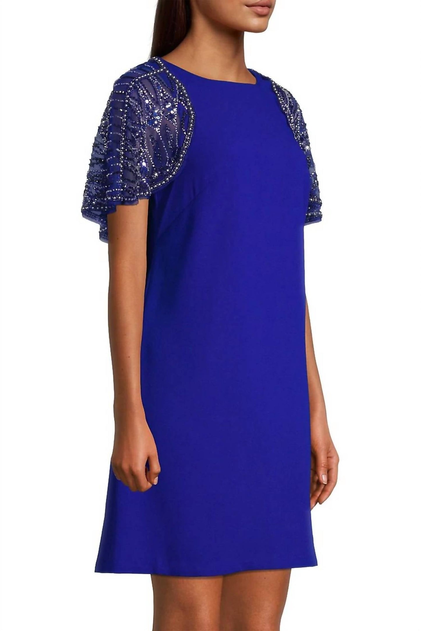 Aidan Mattox - Boat Neck Embellished Mesh Cape Scuba Dress