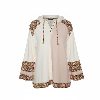 Pol - Oversize Long Sleeve Floral Patch Two Tone Hoodie Top