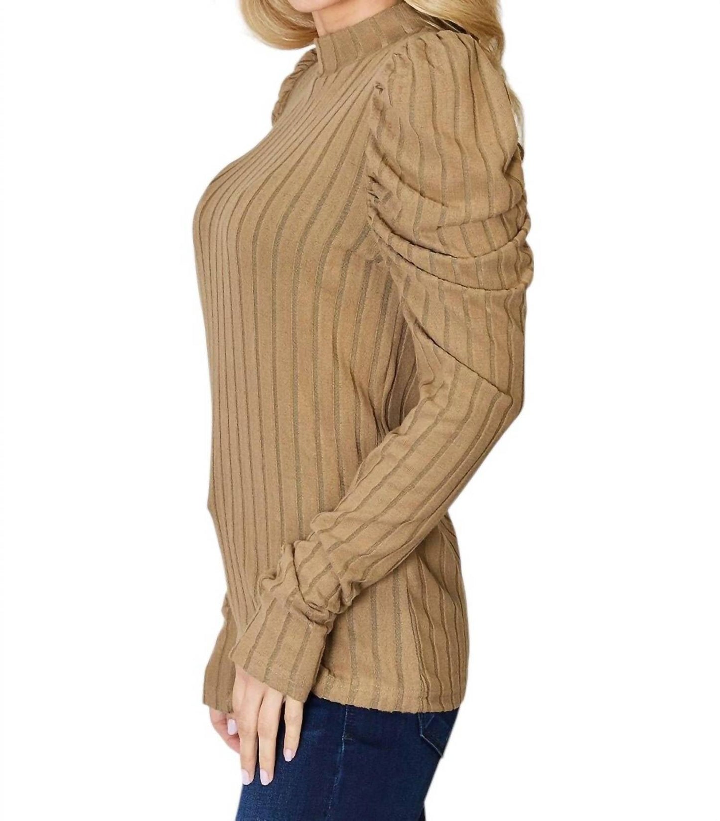 Basic Bae - Ribbed Mock Neck Top With Puff Sleeves