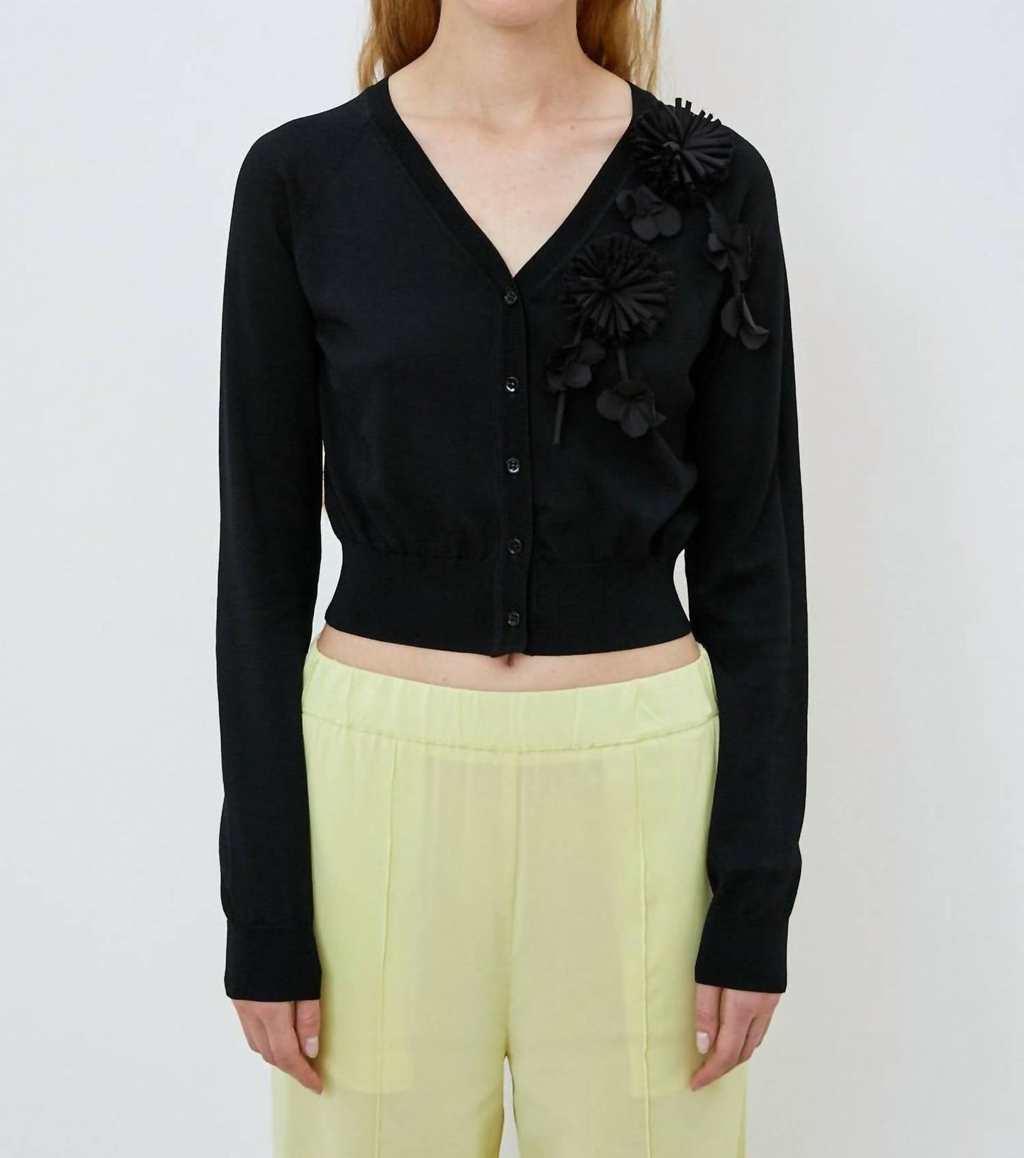 Meimeij - Short Length Cardigan With Fabric Flowers