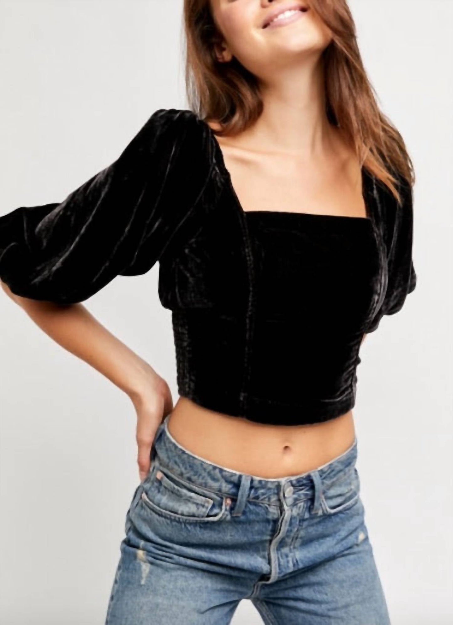Free People - Velvet Open Back Balloon Sleeve Crop Top