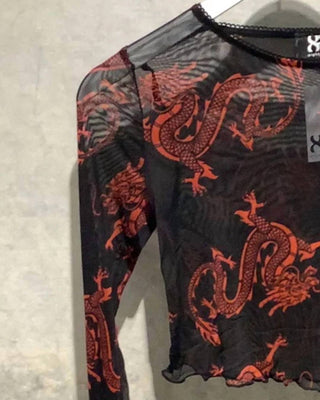 8586 - Top curto feminino de malha com estampa de dragão chinês