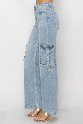 Risen - Felicia Cargo Pocket Calça Jeans Perna Larga