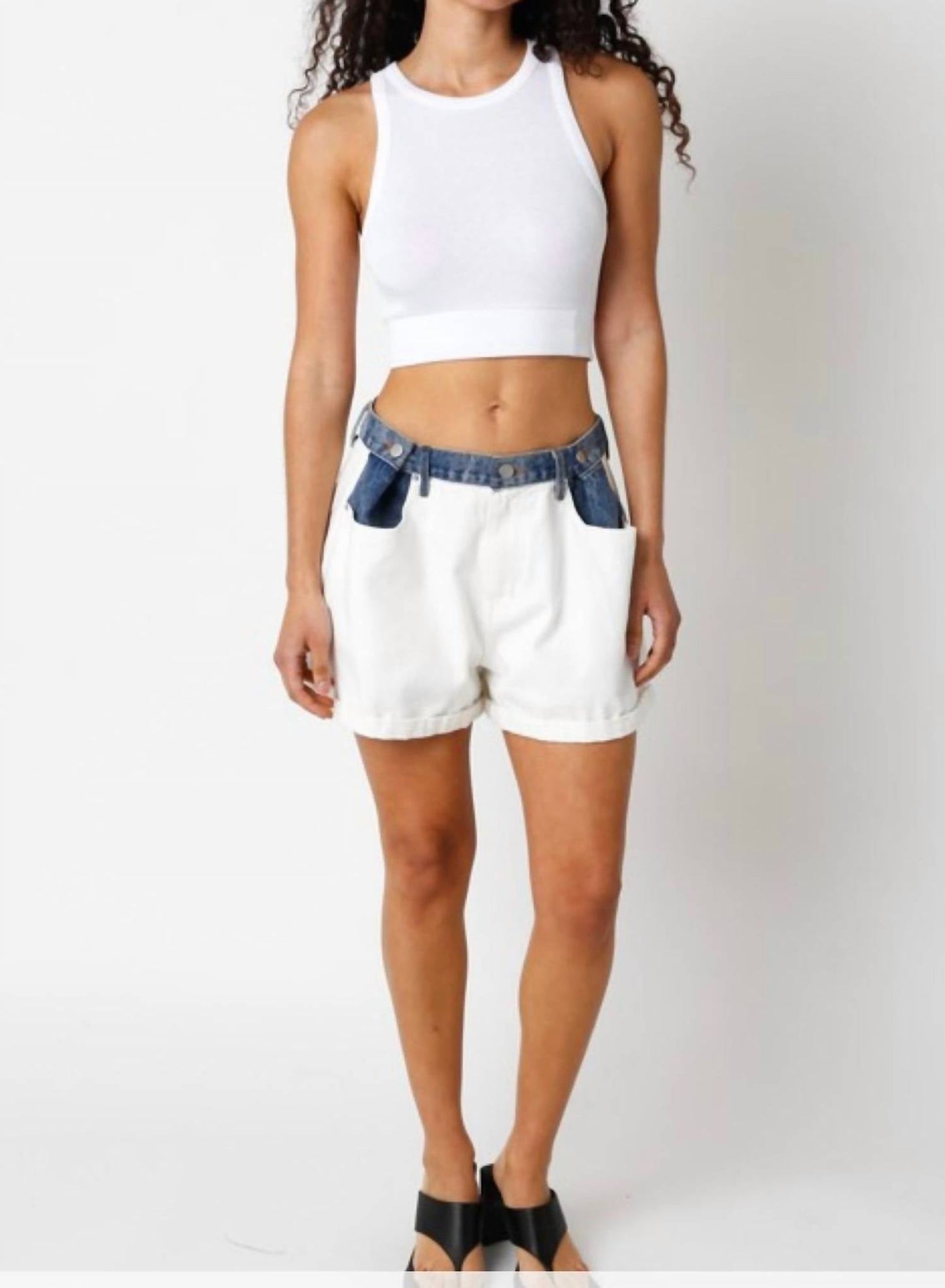 Olivaceous - Contrast Waistband Denim Shorts