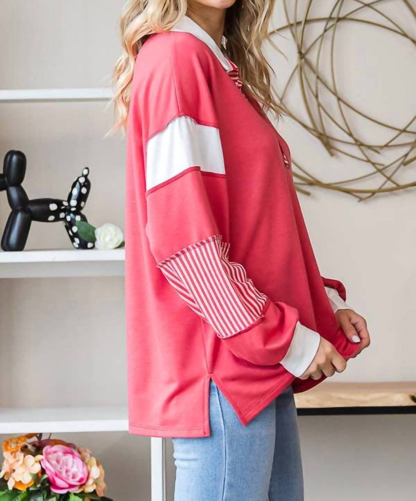 7Th Ray - Color Block Collar Oversized Long Sleeve Top