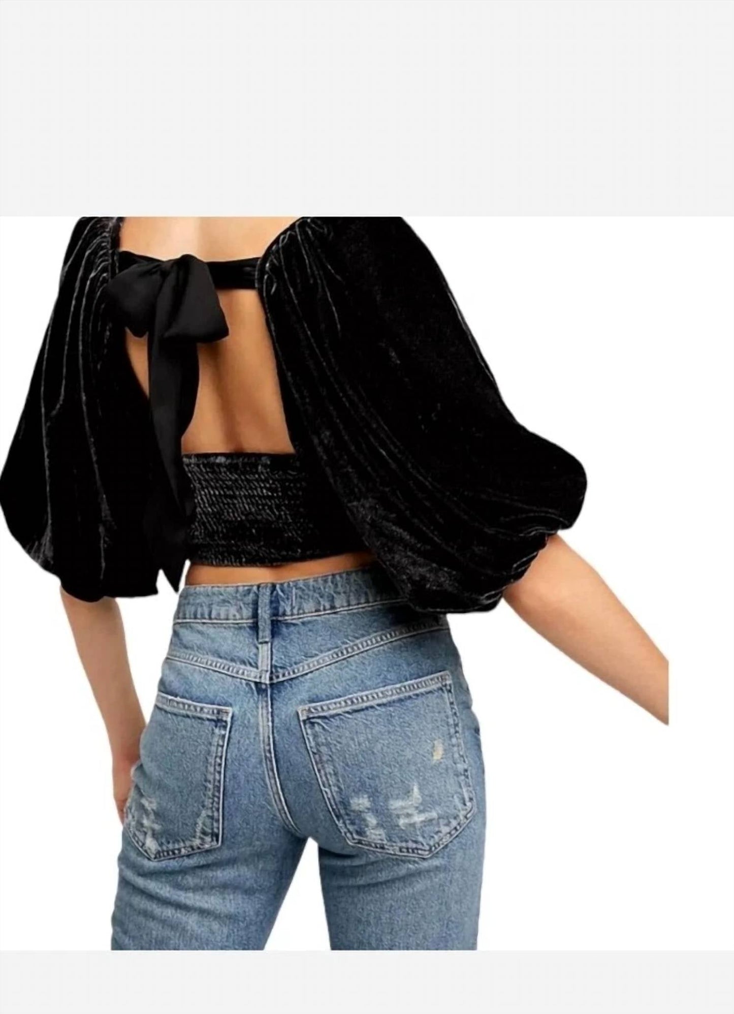 Free People - Velvet Open Back Balloon Sleeve Crop Top