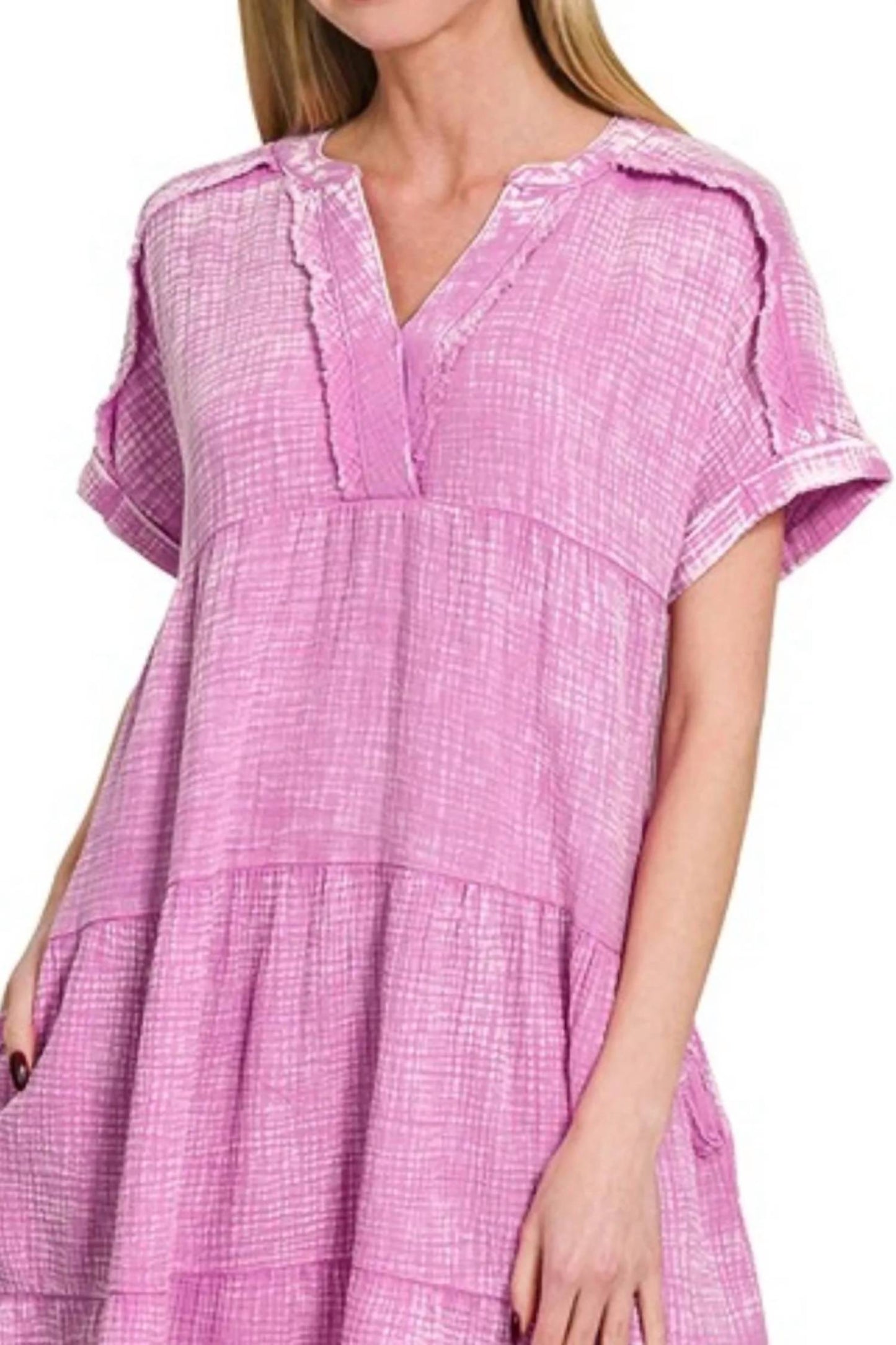 Zenana - Washed Double Gauze Raw Edge V-neck Dress