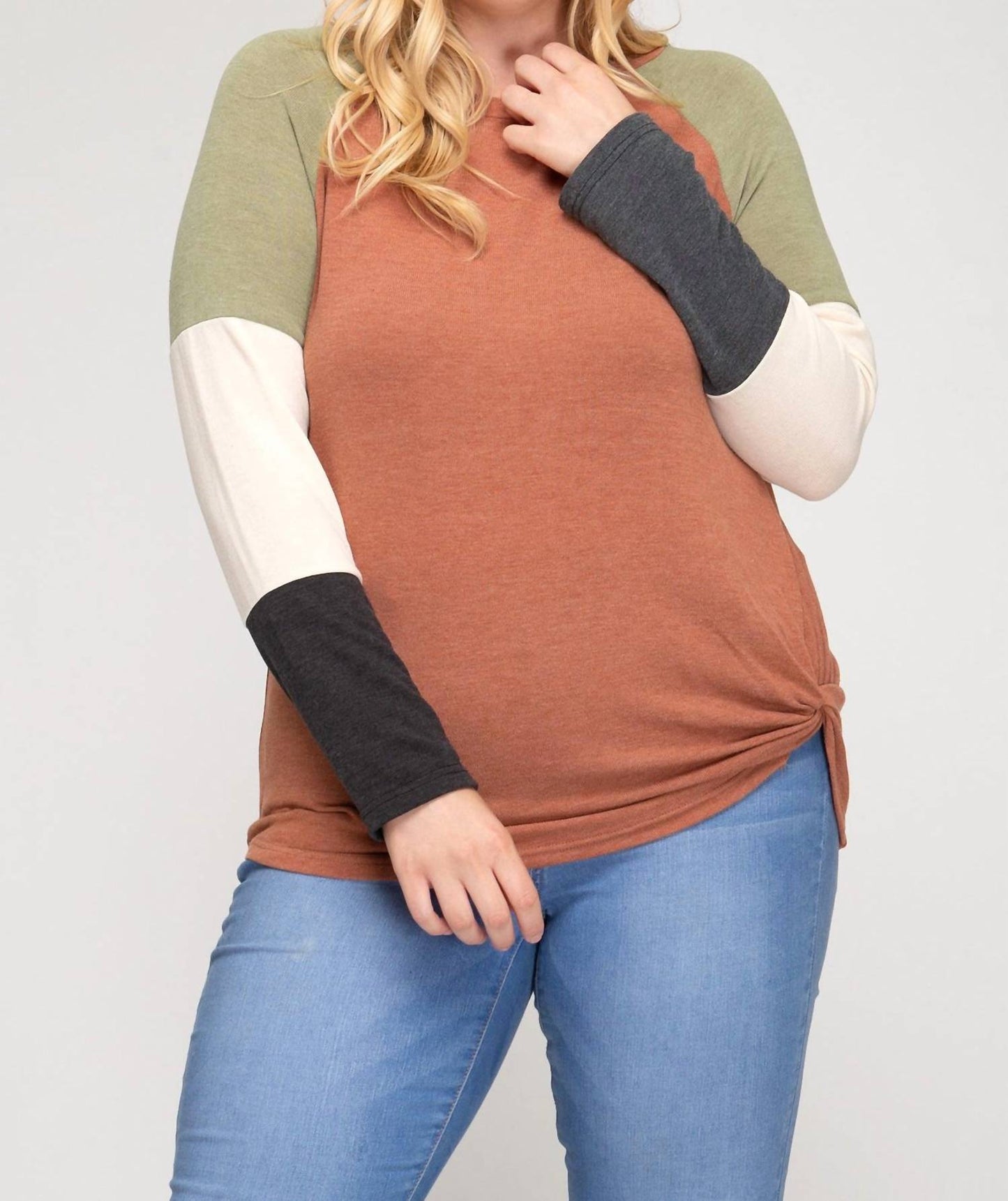 She + Sky - Color Block Front Twist Plus Top