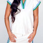 Aapparella - Colorblock Cap Sleeve Collared Top Two Piece Skirt Set