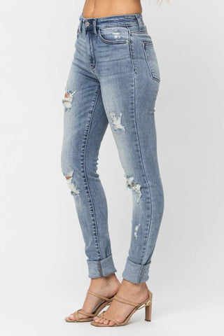 Judy Blue - Calça Jeans Skinny Destroy Tall de Cintura Alta e Pesada