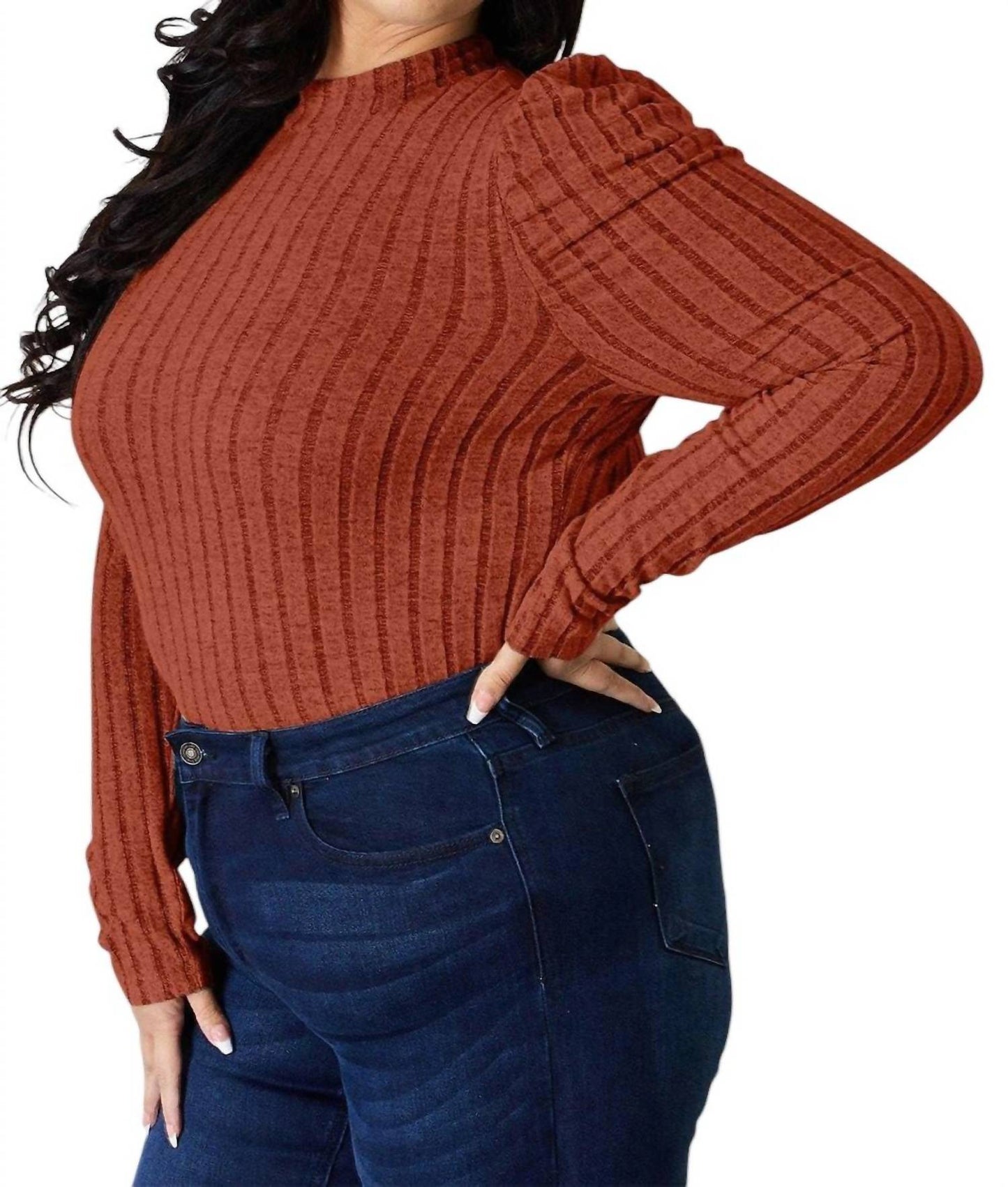 Basic Bae - Ribbed mock neck top with puff sleeves
