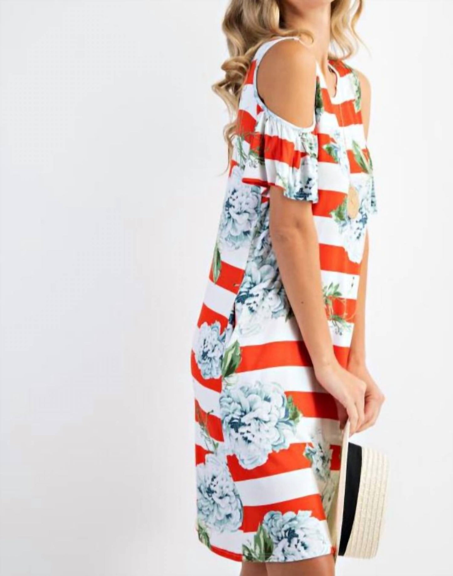 143 Story - Bold Stripe Floral Cold Shoulder Dress