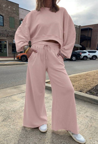 Aapparella - Crewneck Terry Top With Wide Leg Raw Edge Bottoms Set