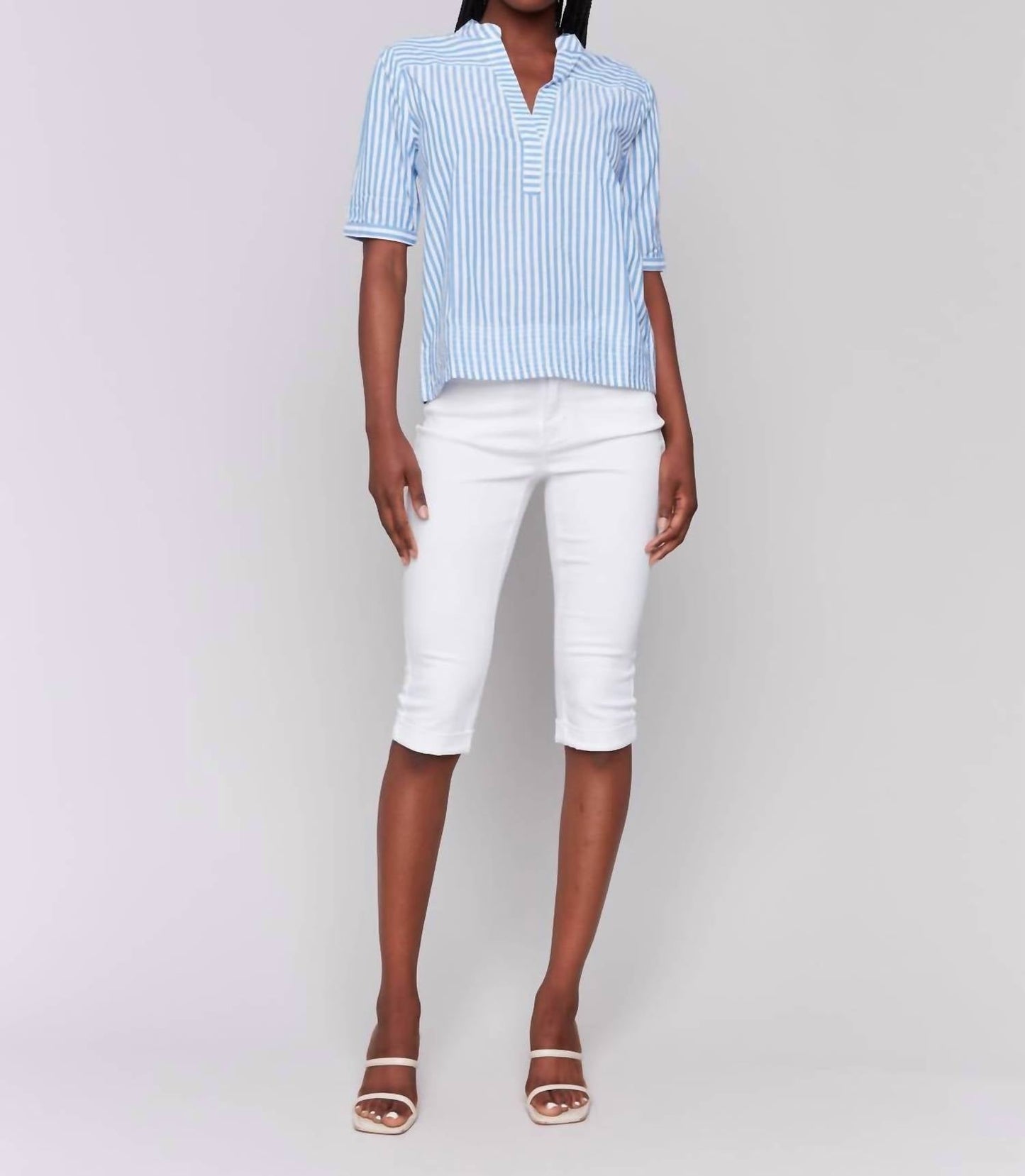 Charlie B - Striped Short Sleeve Popover Blouse