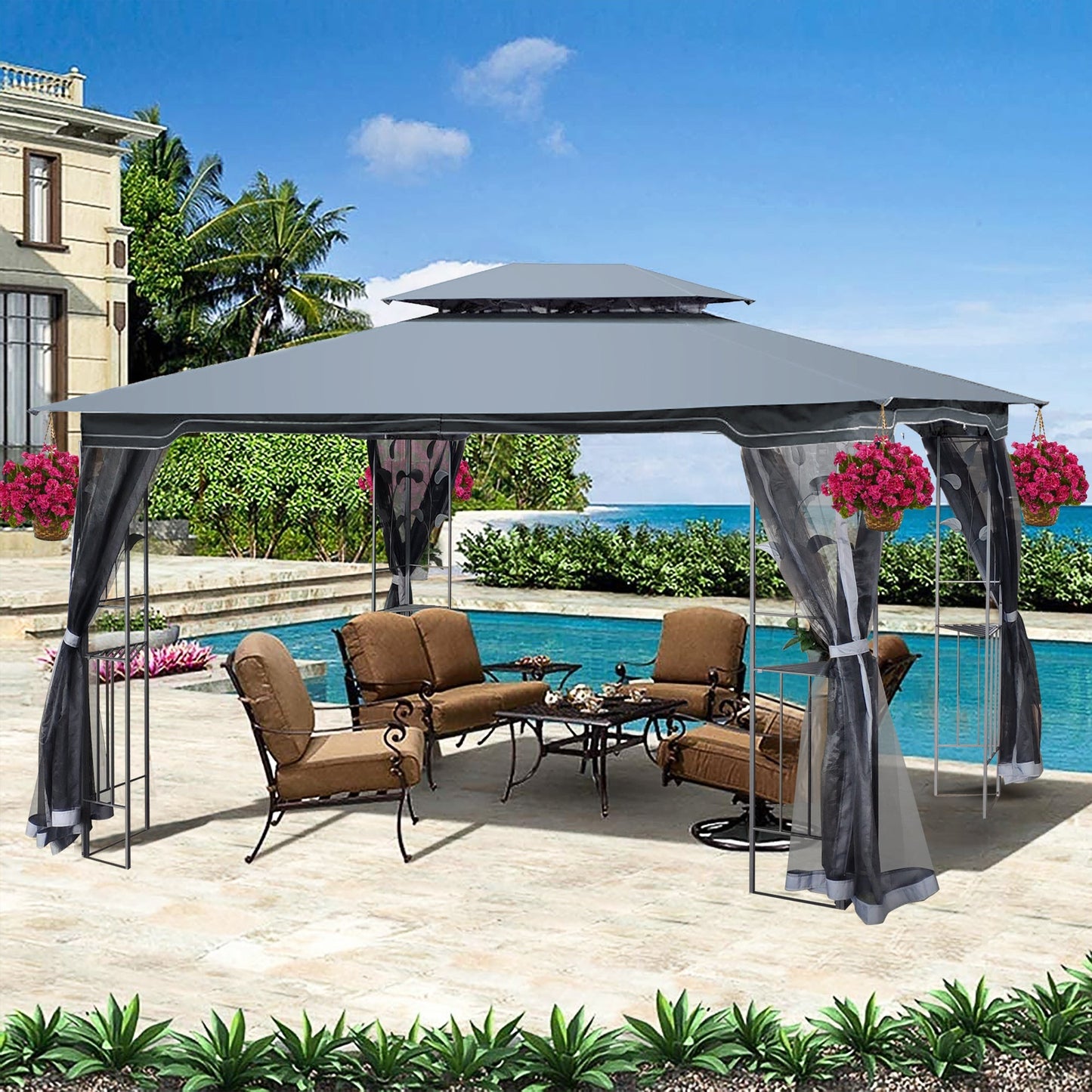 13 x 10 Ft Patio Gazebo Tent with Ventilated Double Roof and Mosquito Net