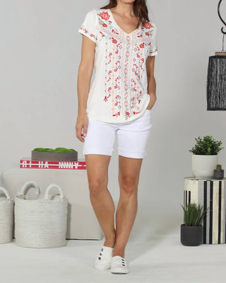 Paparazzi - Blusa de malha bordada com decote em V e manga curta