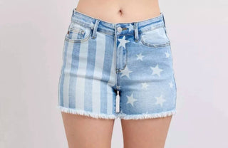 Judy Blue - Mid Rise Stars & Stripes Bleach Denim Short