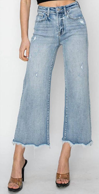 Risen - Calça Jeans Feminina Crop Cintura Alta e Barra Desfiada Larga