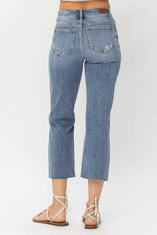Judy Blue - Calça Jeans Crop Destroyed de Cintura Alta e Perna Larga