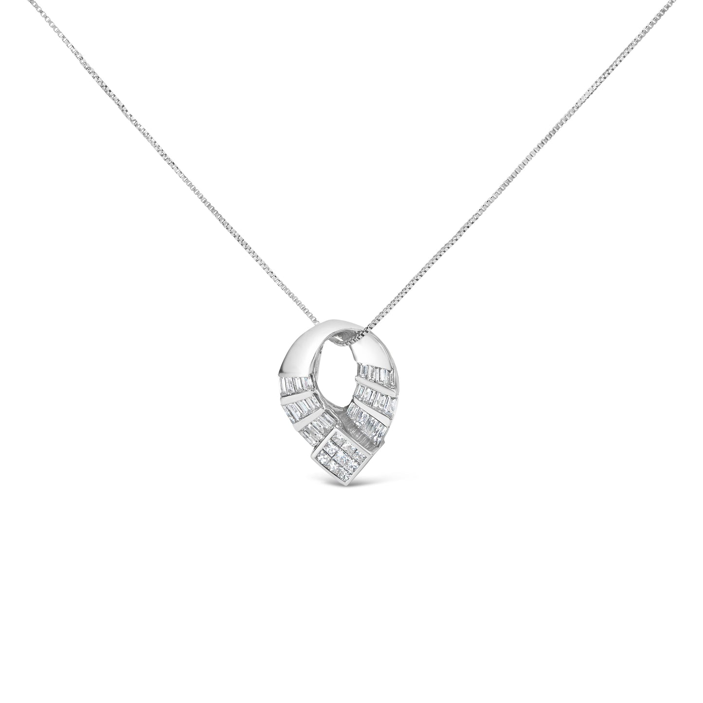 14k White Gold 1 5/8 Cttw Invisible Set Princess and Channel Set Baguette Diamond Curved Oval Shape Pendant Necklace (G-H Color, VS2-SI1 Clarity)