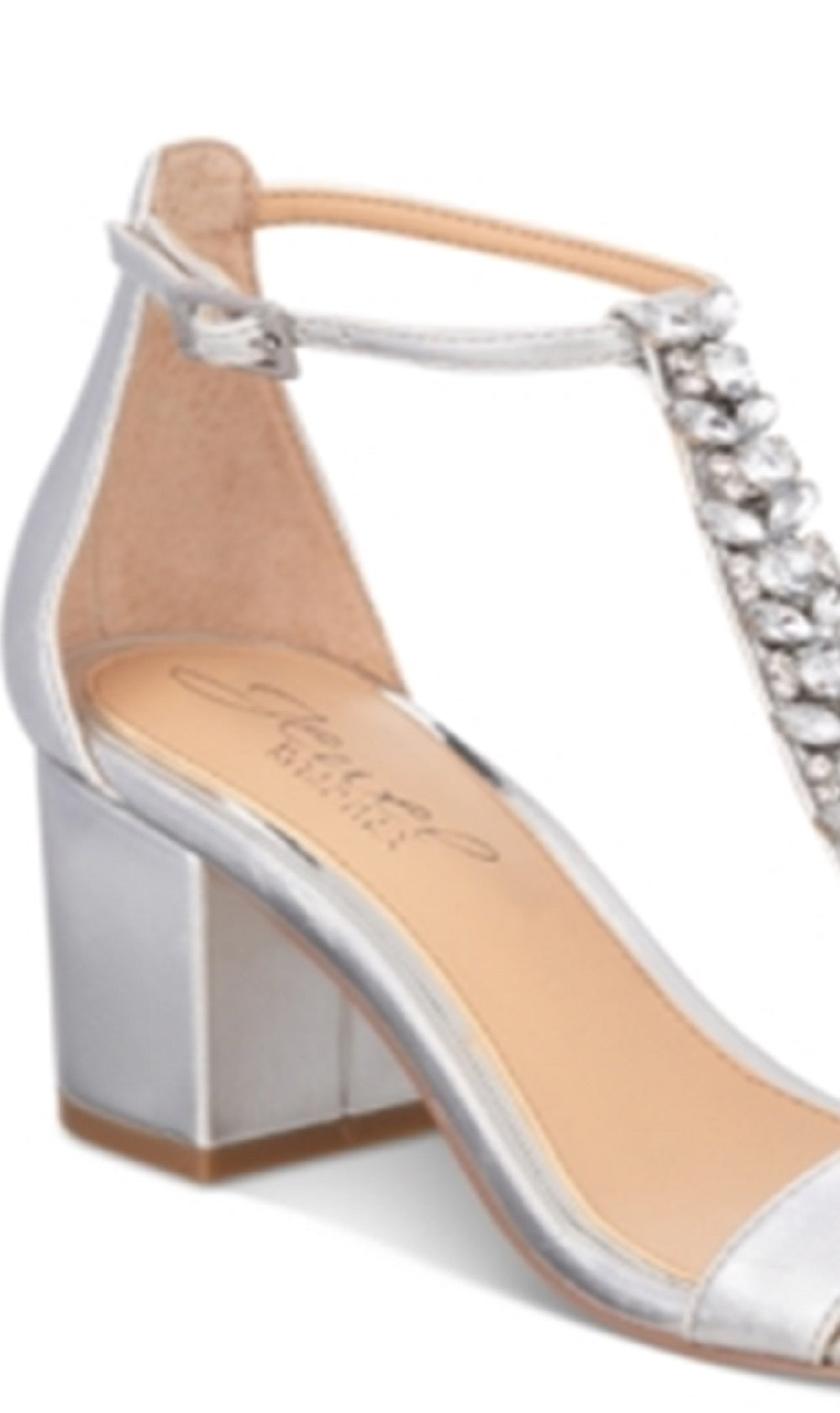 Badgley Mischka Sandálias Femininas Lindsey com Tira no Tornozelo e Tira em T, Strass, Bico Redondo, Salto Bloco e Fivela, Cinza, Tamanho 6 M