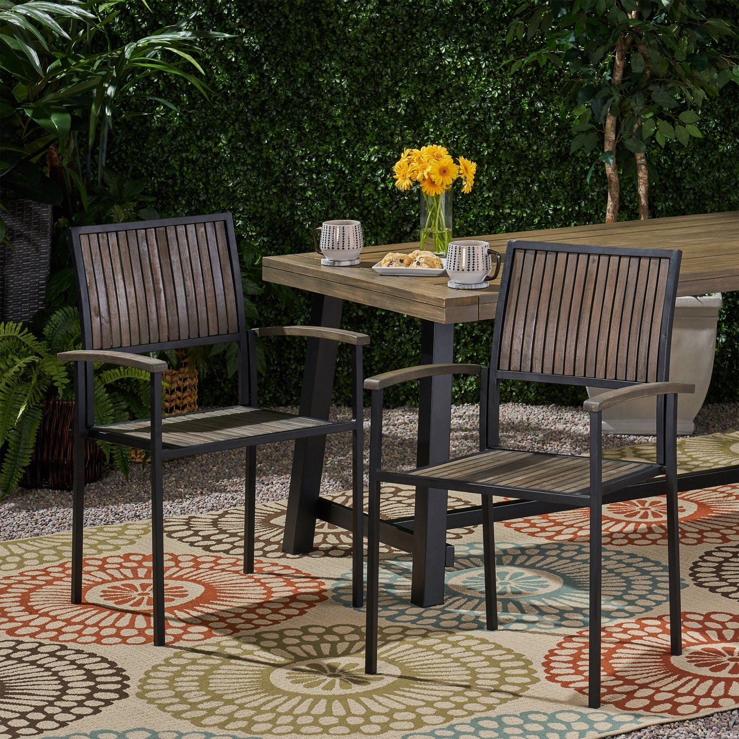Vermilion Outdoor Dining Chair With Vertical Slat And Wooden Arm