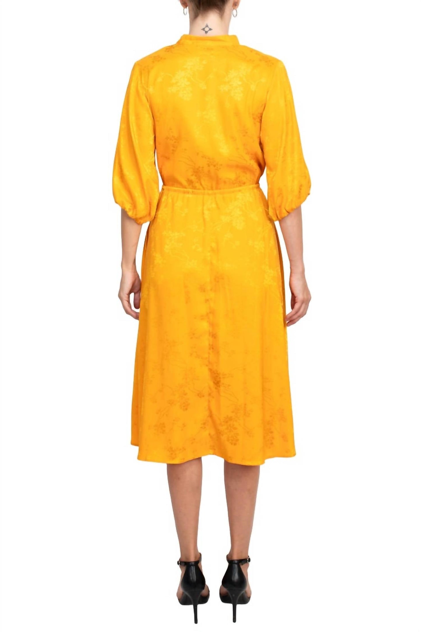 52Seven - Split Neck Balloon Sleeve Jacquard Dress